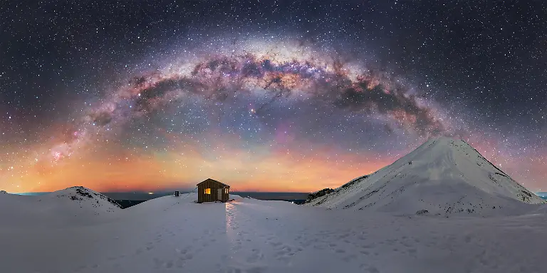 Reaching-this-location-required-a-demanding-ascent-to-Fanthams-Peak-on-Mount-Taranaki-involving-over-five-hours-of-hiking-through-deep-snow-and-ice-in-extreme-conditions-With-windchill-dropping-to-around-15-C-and-a-heavy-20kg-pack-progress-was-slow-and-physically-taxing-with-each-step-forward-often-followed-by-sliding-back-in-the-soft-snow-The-journey-culminated-at-what-is-known-as-the-coldest-hut-in-New-Zealand-s-North-Island-making-this-one-of-the-most-challenging-hikes-I-have-ever-undertaken-This-image-is-the-result-of-a-large-scale-panorama-composed-of-78-individual-frames-captured-over-the-course-of-approximately-one-hour-and-fifteen-minutes-in-those-harsh-conditions-Despite-the-difficulty-of-both-the-ascent-and-the-shoot-the-opportunity-to-document-this-scene-made-the-effort-entirely-worthwhile