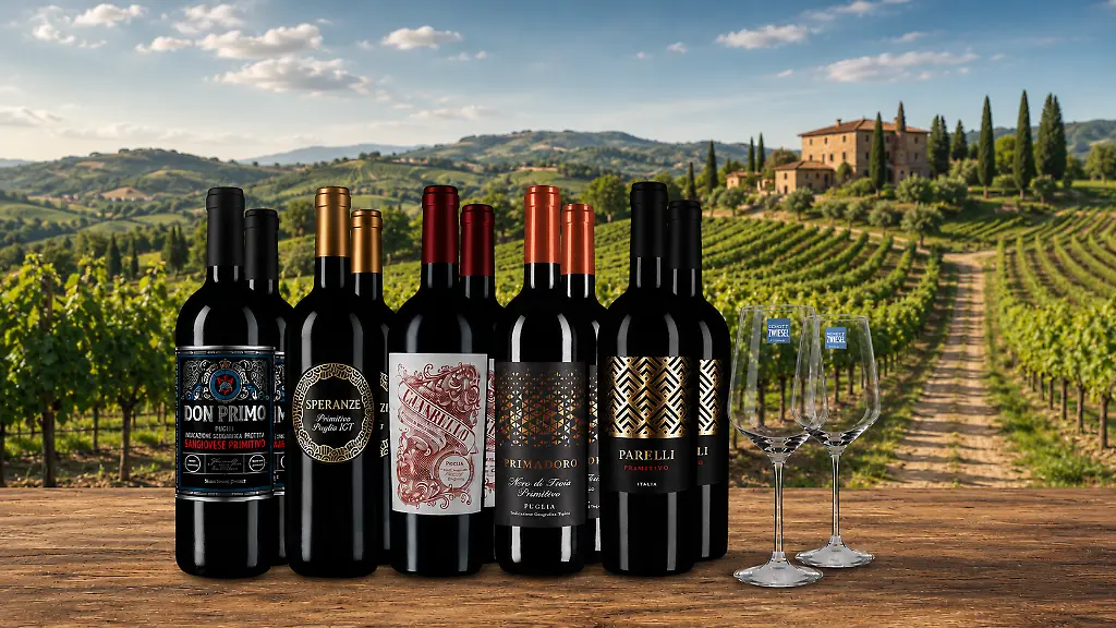 Das-Primitivo-Stars-Paket-von-Weinfuerst-kombiniert-zehn-italienische-Rotweine-a-5-Sorten-plus-zwei-passende-Weinglaeser-fuer-unter-60-Euro