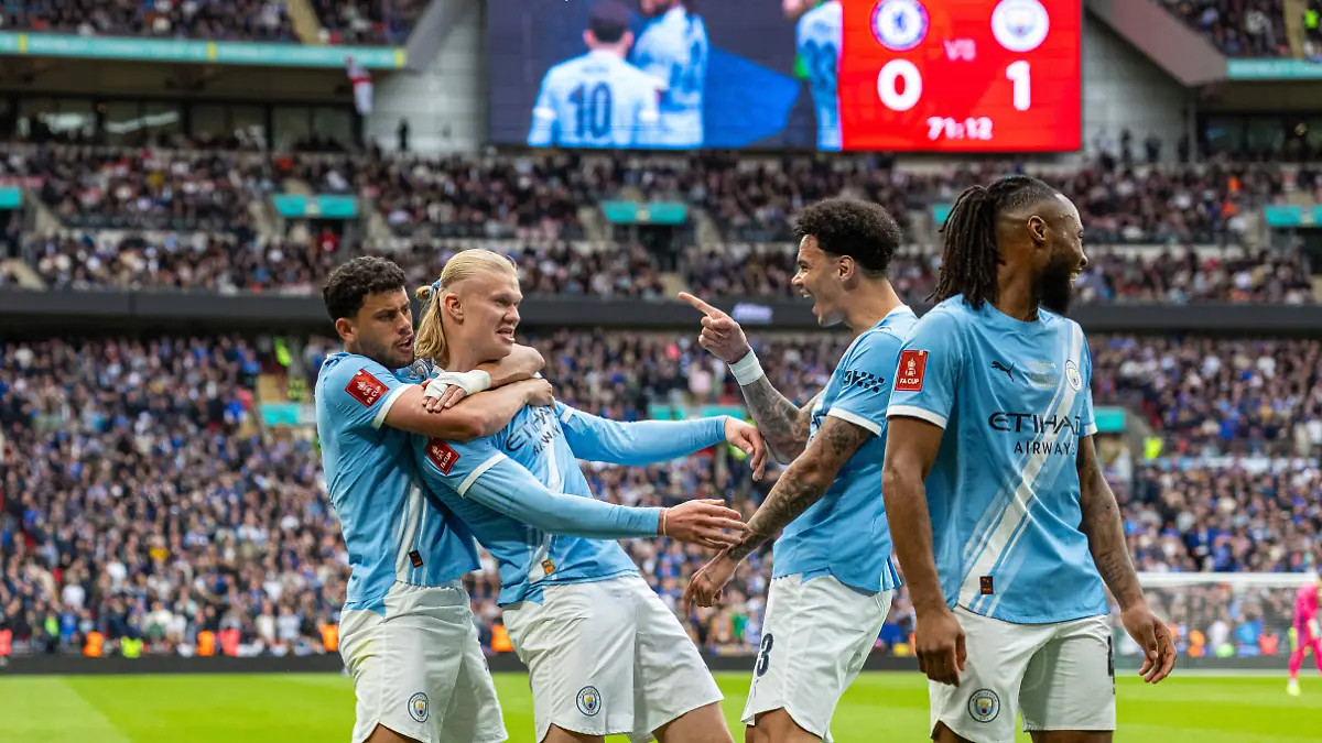 Football-FA-Cup-Semi-Final-Chelsea-FC-v-Manchester-City-FC-LONDON-ENGLAND-Saturday-May-16-2026-Manchester-City-s-Erling-Haaland-2nd-from-L-celebrates-after-assisting-Antoine-Semenyo-R-for-the-first-goal-during-the-FA-Cup-Final-between-Chelsea-FC-and-Manchester-City-FC-at-Wembley-Stadium