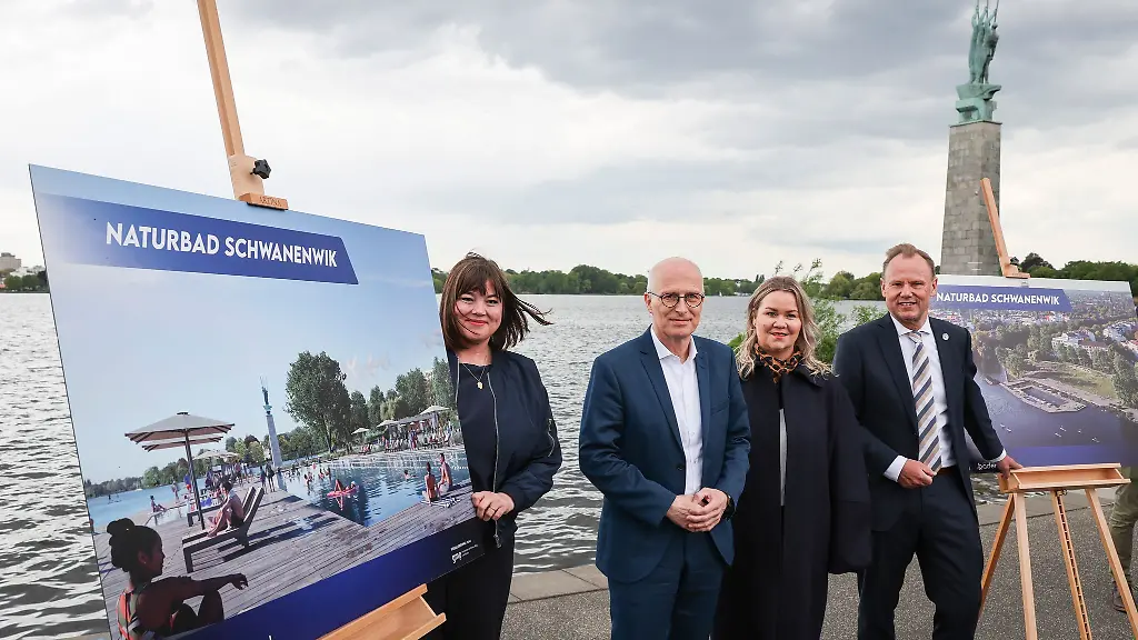 Den-Entwurf-zum-Naturbad-Schwanenwik-in-der-Alster-stellen-Umweltsenatorin-Katharina-Fegebank-Buergermeister-Peter-Tschentscher-Baederland-Chefin-Susan-Zetzmann-und-Sportsenator-Andy-Grote-von-links-am-geplanten-Standort-vor
