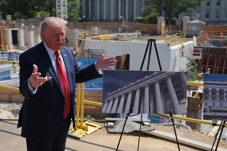 WASHINGTON-DC-MAY-19-U-S-President-Donald-Trump-talks-to-reporters-about-his-proposed-White-House-ballroom-next-to-the-worksite-on-May-19-2026-in-Washington-DC-The-Senate-parliamentarian-ruled-this-week-that-taxpayer-funds-in-the-budget-reconciliation-package-cannot-be-used-for-a-1-billion-provision-intended-to-fund-security-for-Trumps-White-House-ballroom