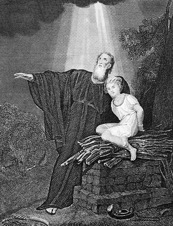 Abraham-opfert-seinen-gefesselten-Sohn-Isaak-Opferaltar-Gottesfurcht-Lichtstrahlen-vom-Himmel-Erste-Buch-Mose-Kapitel-12-Altes-Testament-Bibel-historische-Illustration-1854