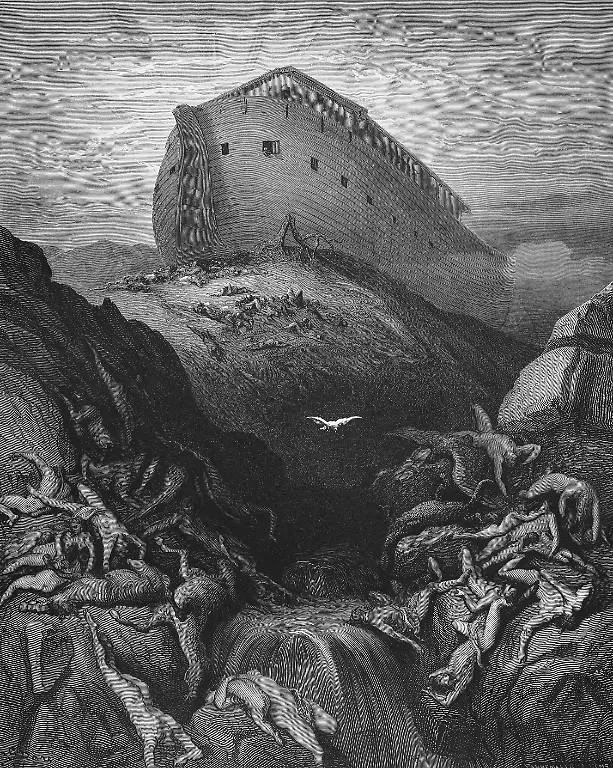 Illustration-Erste-Buch-Mose-Kapitel-8-Vers-8-Noahs-Aussendung-der-Taube-Dass-Wasser-auf-der-Erde-fliesst-ab-Bibel-Altes-Testament-Genesis-Schoepfungsgeschichte-Gesetzesbuecher-Arche-Holzboot-Tod-fliessendes-Wasser-Sintflut-Lichtstrahlen-am-Himmel-nackte-Menschen-Felsen-weisser-Vogel-historische-Illustration-nach-Gustave-Dore-um-1880