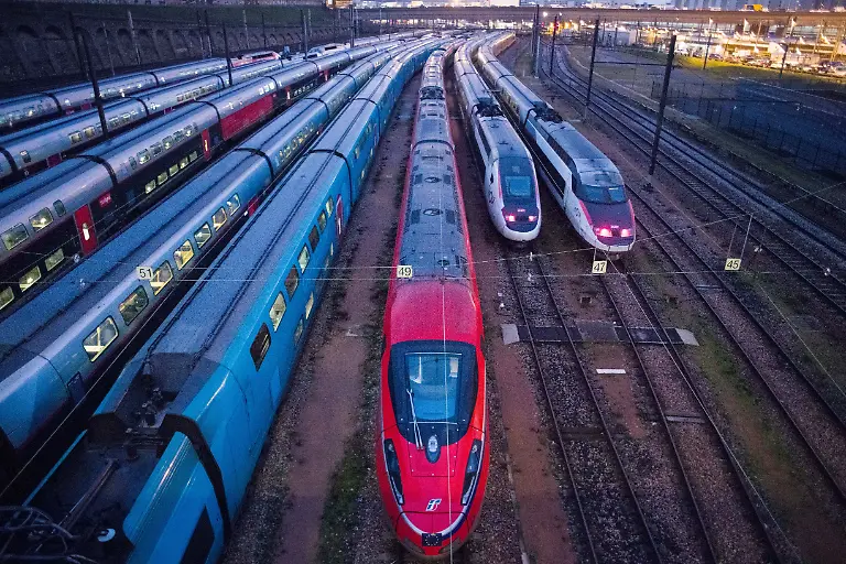 TGV-high-speed-passenger-trains-at-Bercy-train-depot-during-strike-against-government-plans-to-revamp-the-pension-system-in-Paris-France-on-Tuesday-Jan-31-2023-French-labor-unions-are-leading-a-second-day-of-mass-strikes-and-protests-against-raising-the-retirement-age-in-a-test-of-the-momentum-driving-defiance-to-Emmanuel-Macron-s-signature-economic-reform