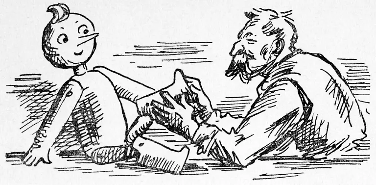 Collodi-Pinocchio-Illustr-Storck-Ross-Collodi-eigtl-Lorenzini-Carlo-ital-Schriftsteller-u-Journalist-1826-1890-Werke-Le-avventure-di-Pinocchio-Storia-di-un-burattino-1883-Illustr-zum-Kap-Neue-Fuesse-und-ein-ABC-Buch-Nach-der-Zeichnung-von-Susi-Storck-Rossmanit-Aus-Pinocchio-Der-hoelzerne-Hampelmann-Bearb-v-M-Thu-dichum-Wien-Tosa-Verlag-o-J-S-33