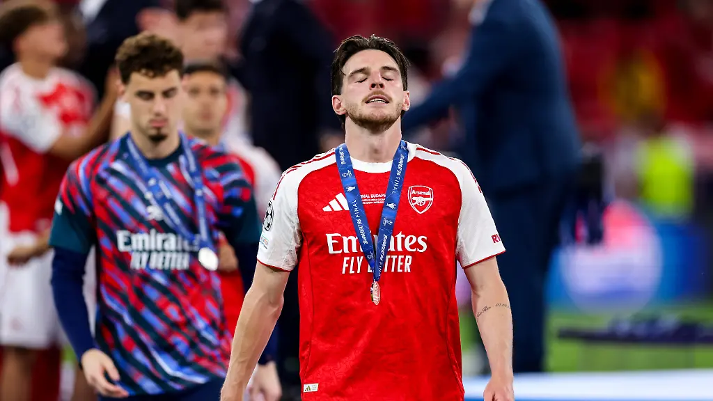 BUDAPEST-HUNGARY-MAY-30-Declan-Rice-of-Arsenal-looks-dejected-after-the-UEFA-Champions-League-2026-Final-between-Paris-Saint-Germain-and-Arsenal-FC-at-Puskas-Arena-on-May-30-2026-in-Budapest-Hungary