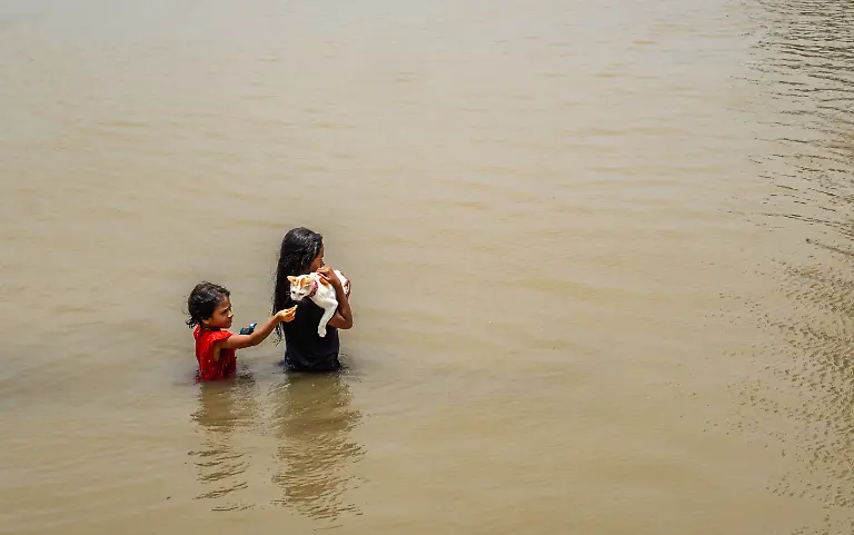 In-the-flood-affected-village-of-Aruail-Brahmanbaria-where-water-invades-every-home-and-street-two-children-remind-us-that-innocence-floats-even-in-adversity-One-gently-carries-her-beloved-cat-to-safety-while-another-finds-joy-splashing-and-playing-untouched-by-the-surrounding-chaos-This-photograph-is-a-tender-portrayal-of-resilience-through-the-eyes-of-the-young-It-celebrates-life-and-compassion-amidst-destruction-As-waters-rise-and-hardships-unfold-the-spirit-of-childhood-endures-full-of-care-curiosity-and-unshaken-hope