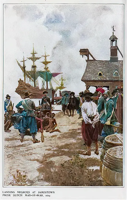 Engraving-of-Dutch-sailors-with-enslaved-African-American-people-at-Jamestown-1619-Note-Image-has-been-digitally-colorized-using-a-modern-process-Colors-may-not-be-period-accurate