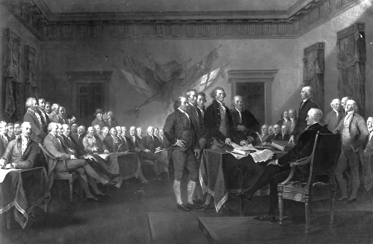 The-American-Declaration-of-Independence-adopted-by-the-Continental-Congress-in-Philadelphia-with-the-future-1st-President-of-the-United-States-of-America-George-Washington-present-Original-Artwork-Engraving-after-a-painting-by-John-Trumbull