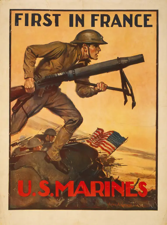Marines-in-Combat-First-in-France-U-S-Marines-World-War-I-U-S-Marines-Recruitment-Poster-by-John-A-Coughlin-USA-1917