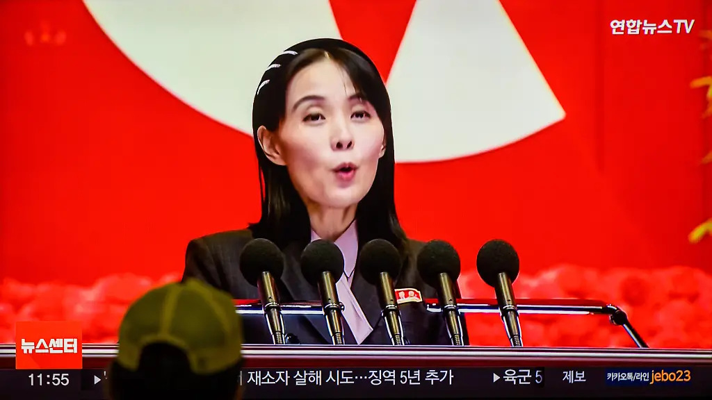 October-18-2024-Seoul-South-Korea-A-24-hour-Yonhapnews-TV-broadcast-at-Yongsan-Railway-Station-in-Seoul-showing-a-news-broadcast-with-file-footage-of-Kim-Yo-Jong-the-sister-of-North-Korean-leader-Kim-Jong-Un-vice-department-director-of-the-Workers-Party-of-North-Korea-North-Korean-leader-Kim-Jong-Un-s-sister-dismissed-South-Korea-s-claim-that-North-Korea-s-state-media-may-have-used-South-Korean-photographs-showing-the-North-s-partial-demolition-of-inter-Korean-roads-I-would-like-to-inform-those-idiots-of-the-fact-that-the-photo-is-a-screenshot-from-one-of-the-video-clips-released-by-NBC-Fox-News-Reuters-and-other-foreign-media-Kim-Yo-Jong-vice-department-director-of-the-ruling-Korea-Workers-Party-said-in-a-statement-carried-out-by-the-Korean-Central-News-Agency-Videos-or-photos-used-by-NBC-Fox-News-and-Reuters-were-obtained-from-the-South-Korean-Joint-Chiefs-of-Staff-We-cannot-take-a-photo-at-that-angle-So-we-used-that-photo-finding-that-it-met-our-intention-being-visually-good-and-excellent-in-composition-Is-it-problematic-said-Kim-Yo-Jong-She-also-pointed-out-that-South-Korean-media-outlets-used-the-images-and-video-clips-released-by-North-Korea-in-their-own-news-reports