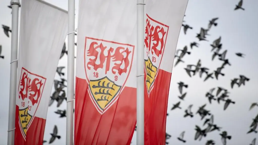 Flaggen-mit-dem-Logo-des-VfB-Stuttgart-wehen-auf-dem-Trainingsgelaende