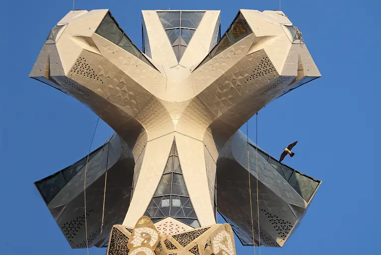 A-pair-of-peregrine-falcons-are-established-at-the-Sagrada-Familia-as-part-of-a-reintroduction-project-promoted-by-the-Barcelona-City-Council-Since-2003-these-falcons-have-raised-several-chicks-and-help-keep-pigeons-away-from-nesting-in-the-basilica-The-falcons-are-easy-to-spot-during-the-day-in-Barcelona-on-March-22-2026