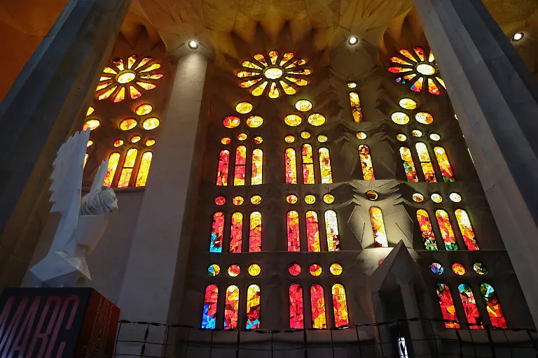 RECORD-DATE-NOT-STATED-Spain-Catalonia-Barcelona-Interior-of-the-Sagrada-Familia-designed-by-Antoni-Gaudi-Nave-Passion-side-Joan-Vila-Grau-designed-stained-glass