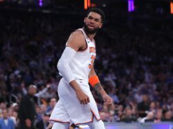 Jun 10 2026 New York New York USA New York Knicks Center Karl Anthony Towns 32 Reacts In The Second Quarter Against The San Antonio Spurs During Game Four Of The 2026 NBA Finals At Madison Square Garden