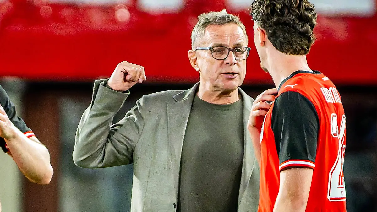 SOCCER-AUT-vs-TUN-test-match-VIENNA-AUSTRIA-01-JUN-26-SOCCER-OEFB-international-test-match-Austria-vs-Tunisia-Image-shows-the-rejoicing-of-Sasa-Kalajdzic-Nicolas-Seiwald-head-coach-Ralf-Rangnick-and-Paul-Wanner-AUT