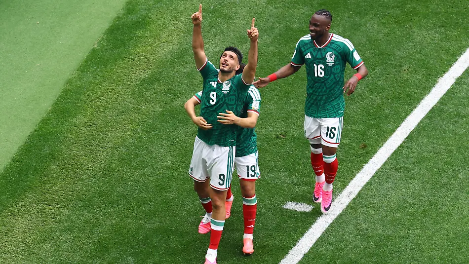 Soccer-Football-FIFA-World-Cup-2026-Group-A-Mexico-v-South-Africa-Estadio-Azteca-Mexico-City-Mexico-June-11-2026-Mexico-s-Raul-Jimenez-celebrates-scoring-their-second-goal-with-Gilberto-Mora-and-Julian-Quinones-REUTERS-Raquel-Cunha