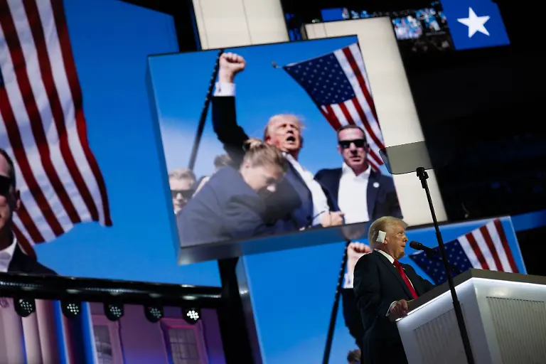 Former-US-President-Donald-J-Trump-speaks-at-the-Republican-National-Convention-in-Milwaukee-Wisconsin-at-the-Fiserv-Forum-on-Thursday-July-18-2024-Monday-night-was-Trumpas-first-appearance-since-a-rally-in-Pennsylvania-where-he-sustained-injuries-from-an-alleged-bullet-grazing-his-ear-Trump-recounted-the-story-in-his-speech-and-also-talked-about-Biden-immigration-and-other-topics