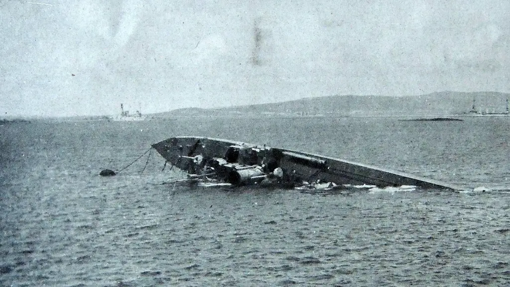 Following-the-German-defeat-in-WWI-74-ships-of-the-Kaiserliche-Marine-s-High-Seas-Fleet-were-interned-in-Gutter-Sound-at-Scapa-Flow-pending-a-decision-on-their-future-in-the-peace-Treaty-of-Versailles