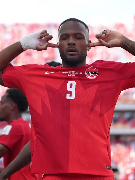 Canada-s-Cyle-Larin-9-celebrates-after-scoring-his-sides-first-goal-of-the-game-in-the-second-half-of-the-World-Cup-Group-B-soccer-match-between-Canada-and-Bosnia-Friday-June-12-2026-in-Toronto