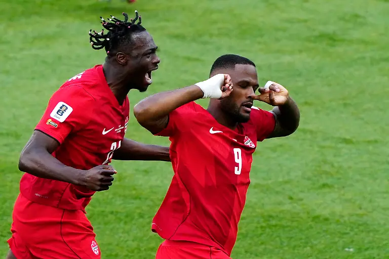Soccer-Football-FIFA-World-Cup-2026-Group-B-Canada-v-Bosnia-and-Herzegovina-Toronto-Stadium-Toronto-Canada-June-12-2026-Canada-s-Cyle-Larin-celebrates-scoring-their-first-goal-with-Promise-David-IMAGN-IMAGES-via-Reuters-Kevin-Sousa
