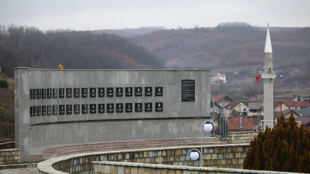 SHTIME-KOSOVO-JANUARY-12-A-view-of-the-memorial-wall-at-the-village-of-Racak-which-displays-the-names-and-photos-of-those-killed-by-the-Serbian-forces-and-paramilitary-units-within-the-24th-anniversary-of-the-Racak-Massacre-on-January-12-2023-in-Shtime-Kosovo-Racak-Massacre-is-one-of-the-biggest-massacres-of-the-Kosovo-War-and-is-considered-as-a-turning-point-for-NATOAeos-intervention-in-the-country