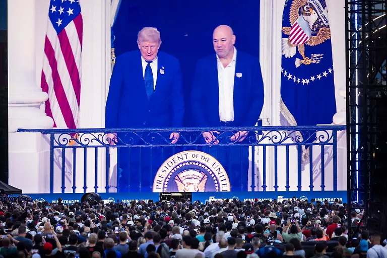UFC-Freedom-250-fan-fest-on-the-Ellipse-US-President-Donald-Trump-L-and-Ultimate-Fighting-Championship-UFC-President-and-CEO-Dana-White-R-walk-toward-the-octagon-for-the-UFC-Freedom-250-event-from-the-Ellipse-outside-the-South-Lawn-of-the-White-House-in-Washington-DC-USA-14-June-2026-The-mixed-martial-arts-event-is-taking-place-on-the-80th-birthday-of-President-Trump