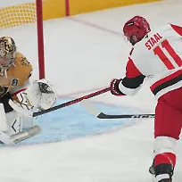 Jun-14-2026-Las-Vegas-Nevada-USA-Vegas-Golden-Knights-goaltender-Carter-Hart-79-defends-against-Carolina-Hurricanes-center-Jordan-Staal-11-during-the-second-period-in-game-six-of-the-2026-Stanley-Cup-Final-at-T-Mobile-Arena
