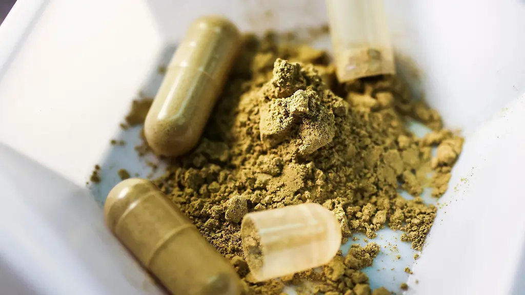 Capsules-and-a-powder-form-of-kratom-on-display-in-the-lab-at-the-Department-of-Medicinal-Chemistry-in-the-Stetson-Medical-Science-Building-at-the-University-of-Florida-on-Sept-18-2023-in-Gainesville-Florida