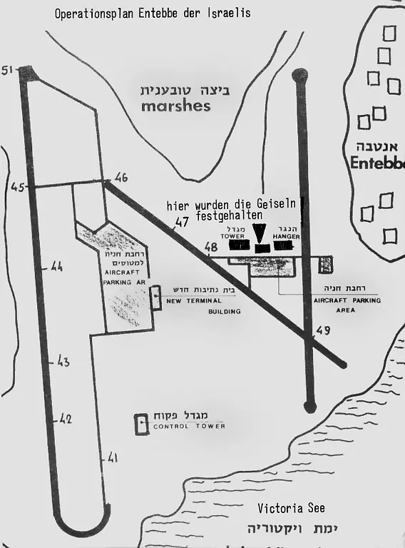 Die-Operationskarte-der-israelische-Armee-nach-der-sie-ihre-Rettungsaktion-in-Entebbe-organisierten-wurde-am-4-Juli-1976-der-Presse-zur-Verfuegung-gestellt-Die-israelische-Armee-hat-in-der-Nacht-zum-4-April-1976-auf-dem-Flughafen-im-afrikanischen-Entebbe-Uganda-104-Geiseln-die-seit-einer-Woche-von-pro-palaestinensischen-Luftpiraten-festgehalten-wurden-befreit