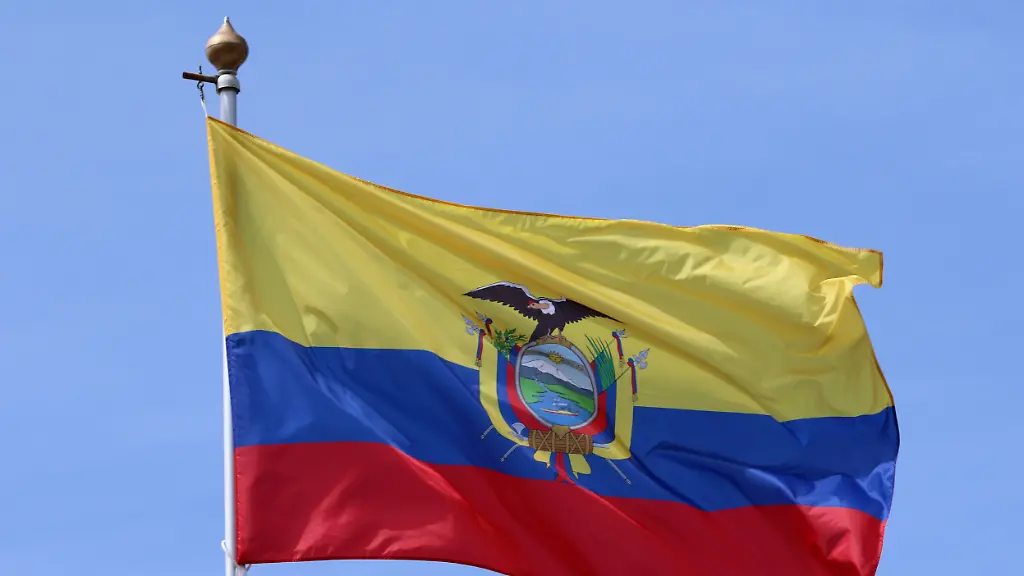 The-national-flag-of-the-Republic-of-Ecuador-fluttering-in-the-wind-on-a-flagpole-in-Saint-Petersburg-Russia