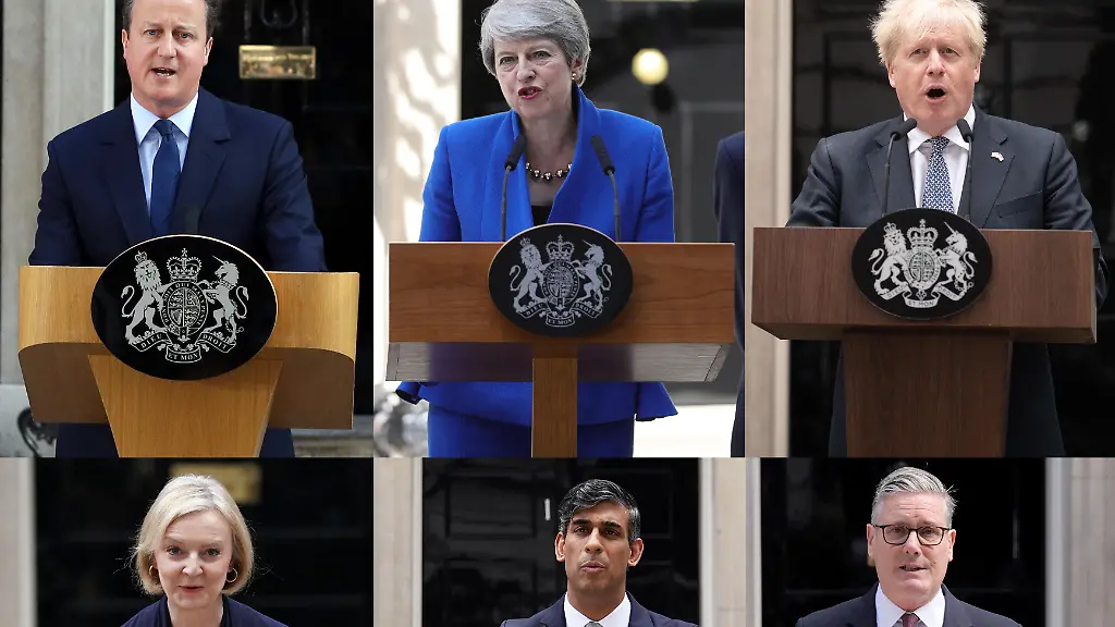 Starmer-premiership-crisis-Composite-of-PA-file-images-of-top-row-left-to-right-Lord-David-Cameron-Theresa-May-Baroness-May-of-Maidenhead-and-Boris-Johnson-and-bottom-row-left-to-right-Liz-Truss-Rishi-Sunak-and-Sir-Keir-Starmer-the-last-six-British-prime-ministers-delivering-their-resignation-speeches-outside-number-10-Downing-Street-London-Prime-Minister-Sir-Keir-Starmer-has-said-he-will-resign-as-leader-of-the-Labour-Party-and-he-has-informed-the-King-of-his-decision-Issue-date-Monday-June-22-2026