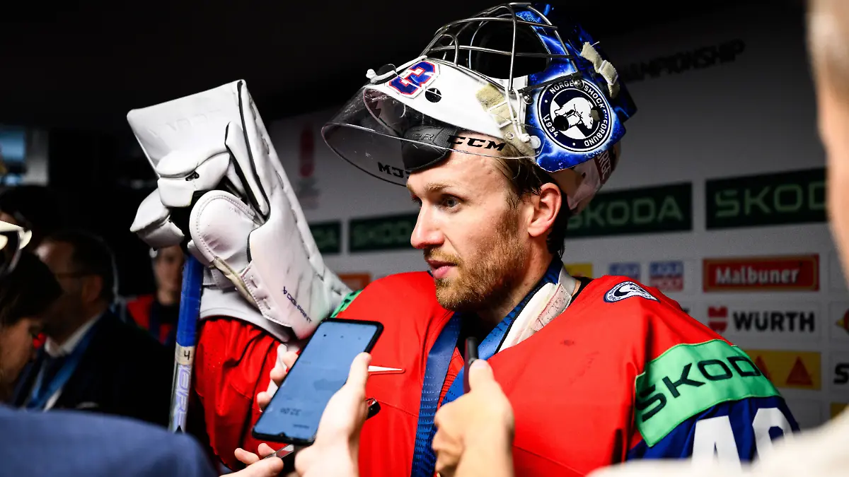 260531-Goaltender-Henrik-Haukeland-of-Norway-in-the-mixed-zone-after-the-2026-IIHF-Ice-hockey-Eishockey-World-Championship-WM-Weltmeisterschaft-bronze-medal-game-between-Canada-and-Norway-on-May-31-2026-in-Zuerich