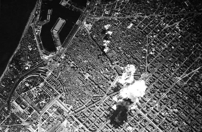 Spain-Italy-Italian-bombs-falling-on-Barcelona-during-the-Spanish-Civil-War-1936-1939-March-1938-The-Spanish-Civil-War-was-fought-from-17-July-1936-to-1-April-1939-between-the-Republicans-who-were-loyal-to-the-democratically-elected-Spanish-Republic-and-the-Nationalists-a-rebel-group-led-by-General-Francisco-Franco-The-Nationalists-prevailed-and-Franco-ruled-Spain-for-the-next-36-years-from-1939-until-his-death-in-1975-br-br-The-Nationalists-advanced-from-their-strongholds-in-the-south-and-west-capturing-most-of-Spain-s-northern-coastline-in-1937-They-also-besieged-Madrid-and-the-area-to-its-south-and-west-for-much-of-the-war