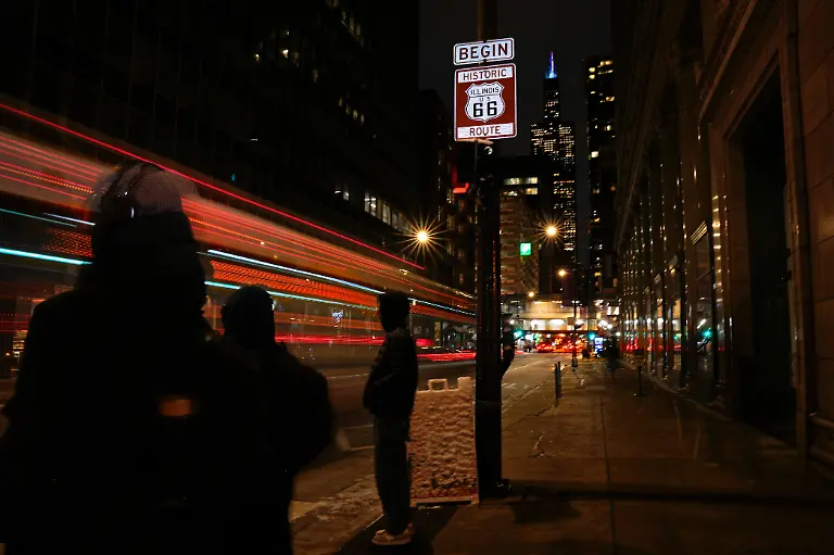 A-sign-marking-the-beginning-of-historic-Route-66-stands-at-the-intersection-of-East-Adams-Street-and-South-Michigan-Avenue-in-Chicago-Wednesday-Jan-14-2026