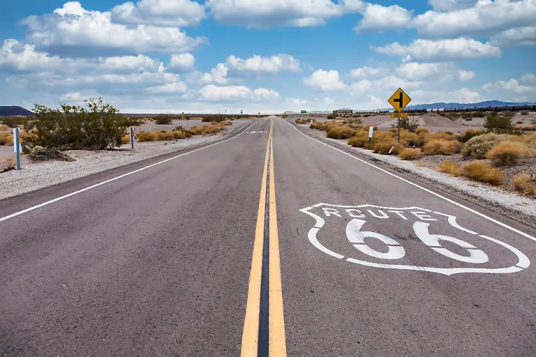 Route-66-in-the-desert-with-scenic-sky-Classic-vintage-image-with-nobody