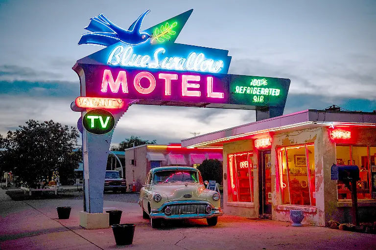 A-vintage-Buick-sits-at-the-historic-Blue-Swallow-Motel-on-Route-66-in-Tucumcari-New-Mexico-on-June-11-2025-It-opened-in-1940-E