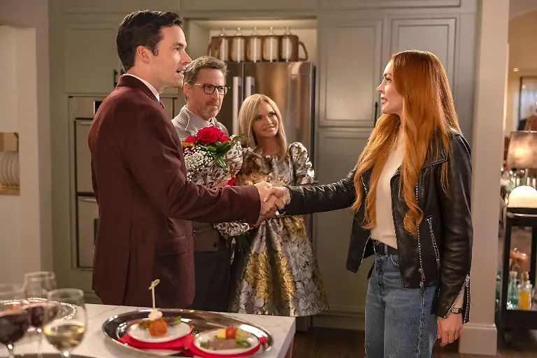 OUR-LITTLE-SECRET-from-left-Ian-Harding-Dan-Bucatinsky-Kristin-Chenoweth-Lindsay-Lohan-2024