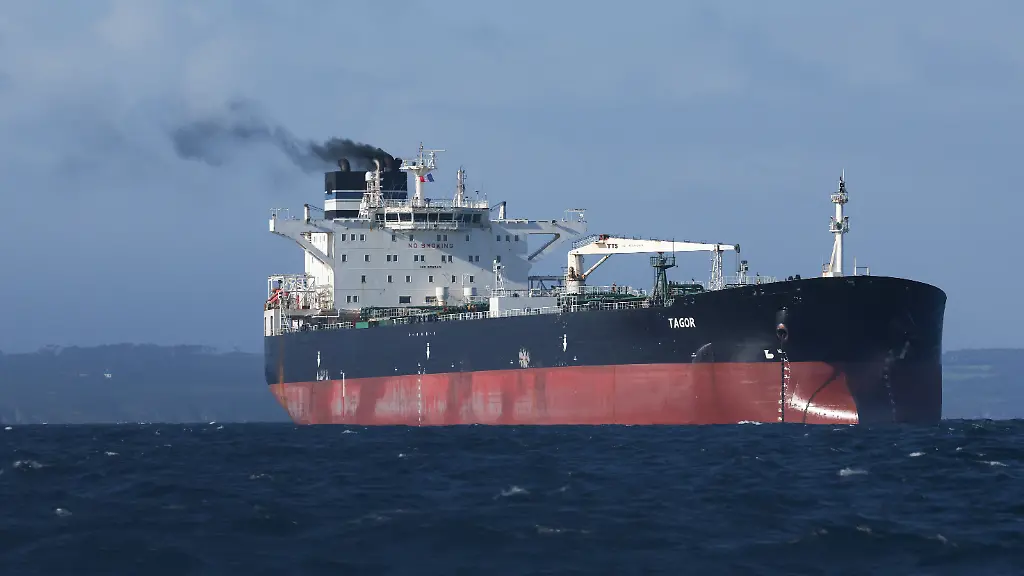 The-Russian-oil-tanker-Tagor-suspected-of-flying-a-false-Cameroonian-flag-and-boarded-by-the-French-Navy-on-May-31-2026-arrives-in-Douarnenez-Bay-western-France-on-June-2-2026-The-ship-from-the-Russian-ghost-fleet-used-by-Moscow-to-circumvent-Western-sanctions-on-its-oil-saleswas-heading-toward-the-coastal-city-of-Limbe-in-Cameroon-The-French-Navy-believed-the-ship-was-likely-flying-a-false-flag-and-decided-to-board-it-as-permitted-under-the-Montego-Bay-Convention-The-interception-of-this-oil-tanker-is-the-fourth-of-its-kind-carried-out-by-France-since-September-2025