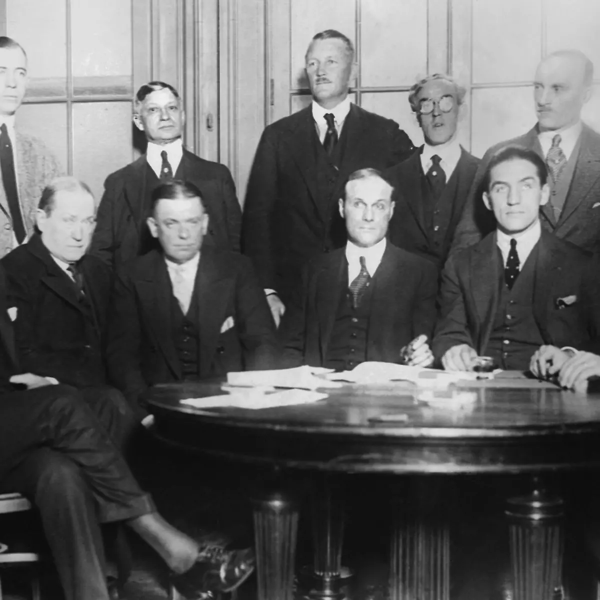 Announcement-of-the-Georges-Carpentier-Jack-Dempsey-fight-in-1921-Seated-L-R-Jack-Dempsey-unidentified-Jack-Kearns-Manager-Tex-Rickard-Promoter-Georges-Carpentier-unidentified