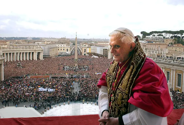 Newly-elected-Pope-Benedict-XVI-standing-on-the-balcony-of-St-Peter-s-Basilica-Vatican-City-Tuesday-19-April-2005-Joseph-Ratzinger-of-Germany-was-elected-pope-on-Tuesday-at-the-end-of-one-of-the-shortest-conclaves-in-history-assuming-the-name-of-Benedict-XVI
