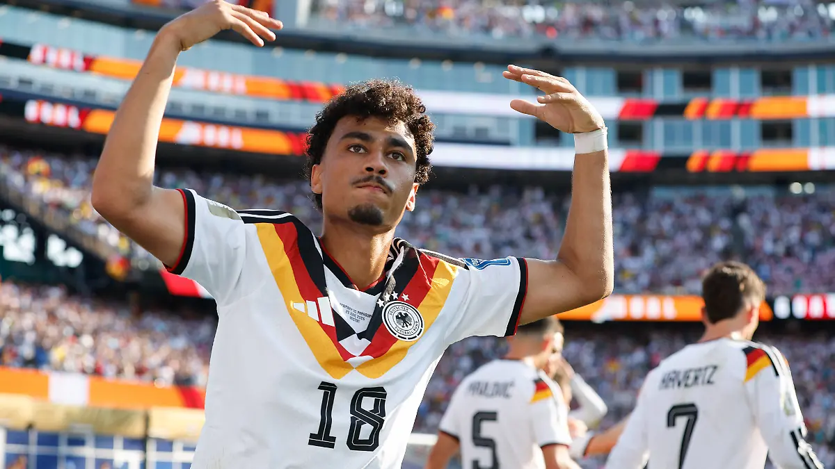 FOXBOROUGH-MA-JUNE-29-Nathaniel-Brown-18-of-Germany-reacts-after-a-scored-goal-during-the-FIFA-World-Cup-WM-Weltmeisterschaft-Fussball-2026-Round-of-32-match-between-Germany-and-Paraguay-on-June-29-2026-at-Boston-Stadium-in-Foxborough-MA-Photo-by-M