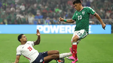 MEXICO-CITY-MEXICO-JULY-05-Jesus-Gallardo-23-of-Mexico-is-tackled-by-Jarell-Quansah-26-of-England-during-the-FIFA-World-Cup-2026-Round-of-16-match-between-Mexico-and-England-at-Mexico-City-Stadium-on-July-05-2026-in-Mexico-City-Mexico-Quansah-was-issued-a-red-card-on-the-play