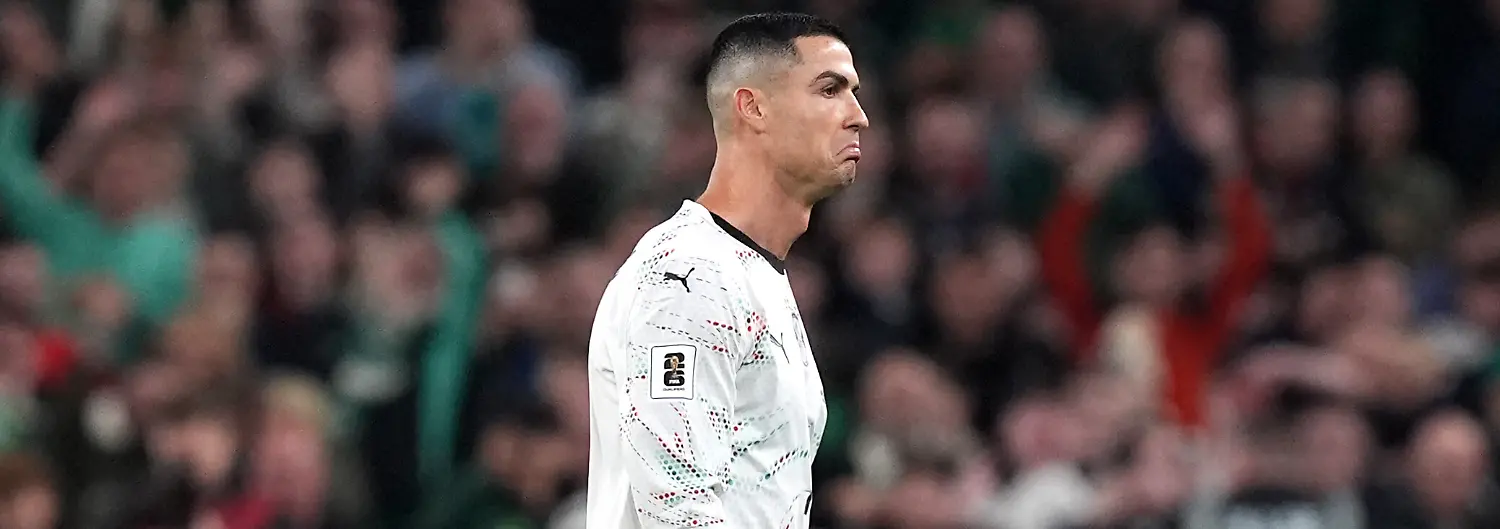 Republic-of-Ireland-v-Portugal-2026-FIFA-World-Cup-European-Qualifying-Aviva-Stadium-Portugal-s-Cristiano-Ronaldo-hands-the-arm-band-to-team-mate-Bernardo-Silva-after-being-shown-a-red-card-during-the-2026-FIFA-World-Cup-European-Qualifying-Group-F-match-at-the-Aviva-Stadium-in-Dublin-Ireland-Picture-date-Thursday-November-13-2025-Photo-credit-should-read-Niall-Carson-PA-Wire-RESTRICTIONS-Use-subject-to-restrictions-Editorial-use-only-no-commercial-use-without-prior-consent-from-rights-holder