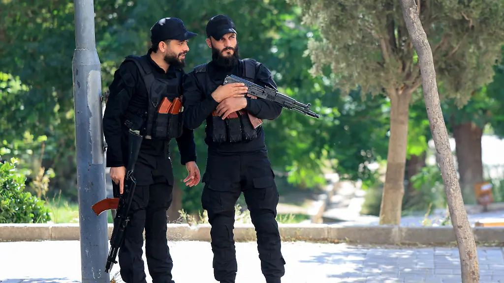 Syrian-security-forces-patrol-near-France-s-President-s-hotel-during-his-visit-in-Damascus-on-July-7-2026-Syria-s-President-Ahmed-al-Sharaa-hailed-France-s-constructive-role-in-the-transition-since-the-toppling-of-longtime-ruler-Bashar-al-Assad-as-French-leader-Emmanuel-Macron-made-the-first-post-conflict-visit-to-Damascus-by-a-Western-European-leader