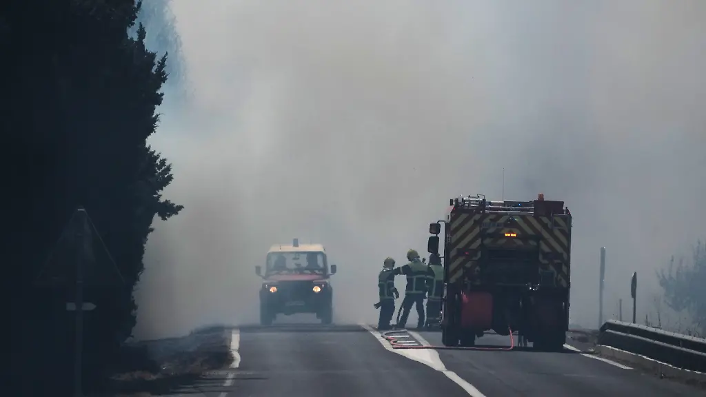 Feuerwehrleute-bekaempfen-einen-Waldbrand-in-Ille-sur-Tet-in-Suedfrankreich
