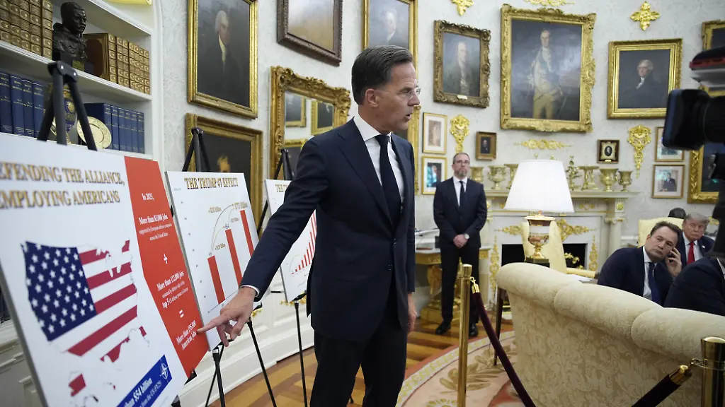 Mark-Rutte-Secretary-General-of-the-North-Atlantic-Treaty-Organization-NATO-points-to-a-chart-as-he-meets-United-States-President-Donald-J-Trump-in-the-Oval-Office-of-the-White-House-in-Washington-DC-USA-on-Wednesday-June-24-2026