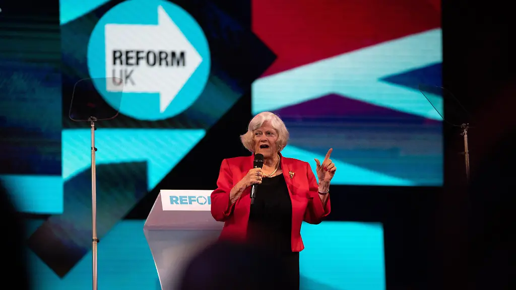 The-Rt-Hon-Ann-Widdecombe-seen-speaking-during-the-conference-The-Reform-UK-party-led-by-British-politician-Nigel-Farage-MP-won-five-seats-at-the-2024-UK-general-election-and-is-now-meeting-in-Birmingham-for-its-2024-party-conference