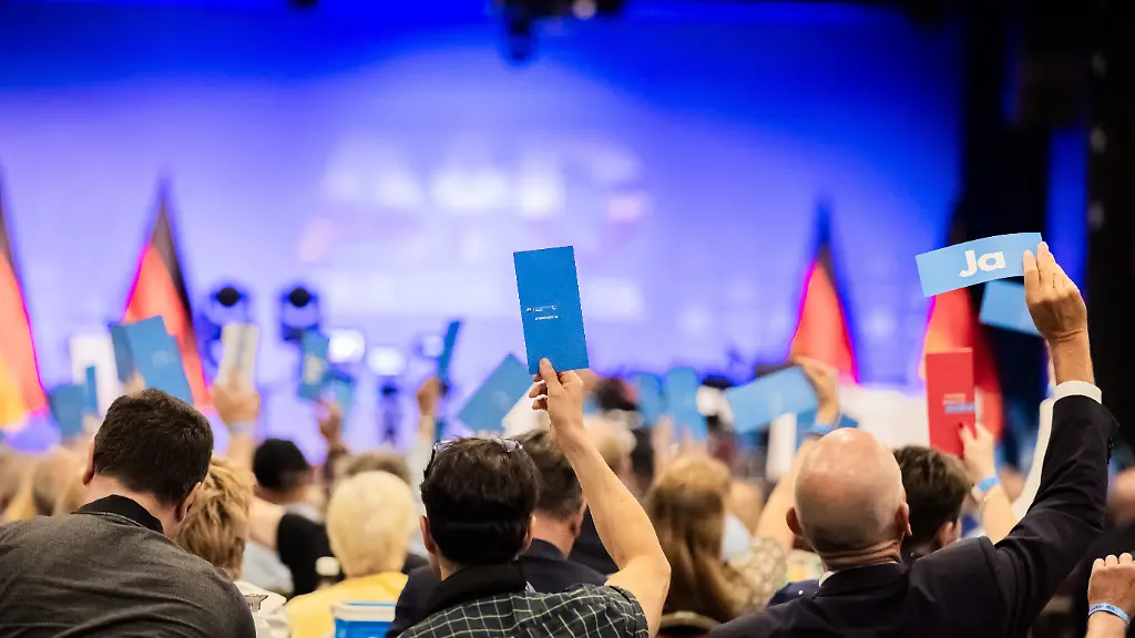 Parteimitglieder-halten-beim-Parteitag-der-AfD-Berlin-im-Stahlpalast-in-Brandenburg-an-der-Havel-Stimmkarten-in-die-Hoehe-Auf-der-Tagesordnung-steht-unter-anderem-der-Beschluss-des-Wahlprogramms-zur-Wahl-des-Berliner-Abgeordnetenhauses-am-20-September-2026