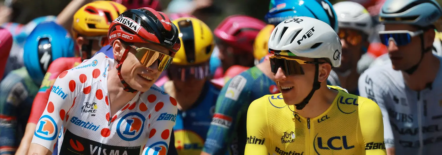 Cycling-Tour-de-France-Stage-8-Perigueux-to-Bergerac-Perigueux-France-July-11-2026-UAE-Team-Emirates-XRG-s-Tadej-Pogacar-wearing-the-yellow-jersey-and-Team-Visma-Lease-a-Bike-s-Jonas-Vingegaard-wearing-the-polka-dot-jersey-before-the-start-of-stage-8-REUTERS-Stephanie-Lecocq-TPX-IMAGES-OF-THE-DAY